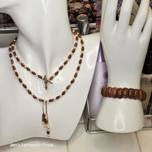 925 Silver‎ Goldstone Necklace & Bracelet Set 28"